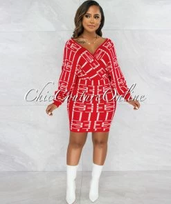 Vendor-unknown CLOTHING Carusa Red White Print Knit Wrap Sweater Dress
