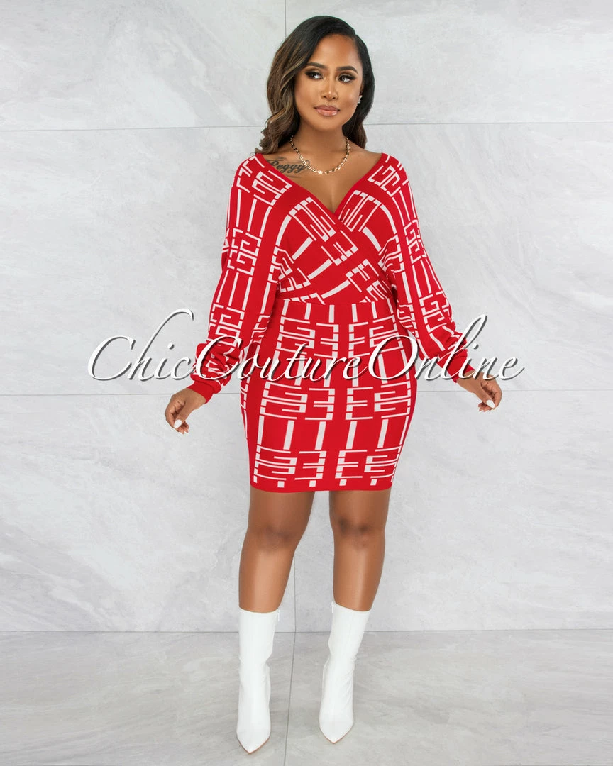 Vendor-unknown CLOTHING Carusa Red White Print Knit Wrap Sweater Dress