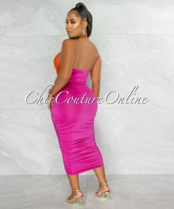 Chic Couture Online Lauryn Green Orange Magenta Block Color Ruched Midi Dress