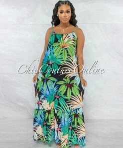 Vendor-unknown Kollin Black Multi-Color Leaf Print Ruffle Maxi Dress