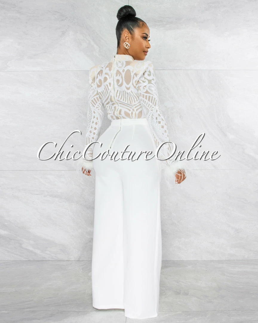 Vendor-unknown JUST IN Prado Off-White Sequins Sheer Top Feather Cuffs Jumpsuit