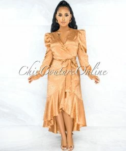Chic Couture Online Caprile Gold Leopard Print Satin High Low Ruffle Dress JUST IN