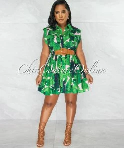 Chic Couture Online Orbona Green Pink Leaf Print Brown Belt Shirt Dress