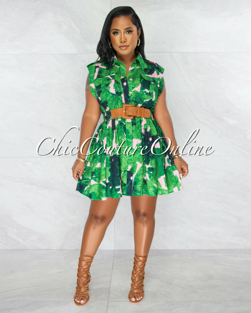 Chic Couture Online Orbona Green Pink Leaf Print Brown Belt Shirt Dress