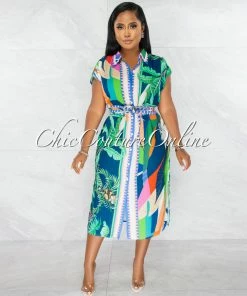 Chic Couture Online JUST IN Crecia Multi-Color Print Self-Tie Belt Shirt Dress