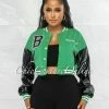 Vendor-unknown Beyond Green Black Faux Leather Sleeves Varsity Jacket JUST IN