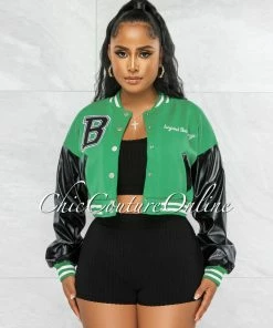 Vendor-unknown Beyond Green Black Faux Leather Sleeves Varsity Jacket JUST IN