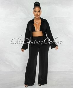 Chic Couture Online JUST IN Zayda Black Crop Top Cover-Up & Wide Pants 3 Piece Set