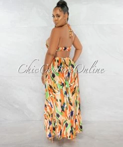 Chic Couture Online Karol Orange Multi-Color Print Halter Cut-Out Maxi Dress