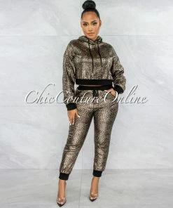 Vendor-unknown JUST IN Simonet Black Gold Leopard Shimmer Jogger & Hoodie Set