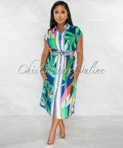 Chic Couture Online JUST IN Crecia Multi-Color Print Self-Tie Belt Shirt Dress