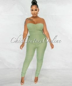 Chic Couture Online Mikela Sage Mesh Sheer Ruched Lace-Up Sides Jumpsuit JUST IN