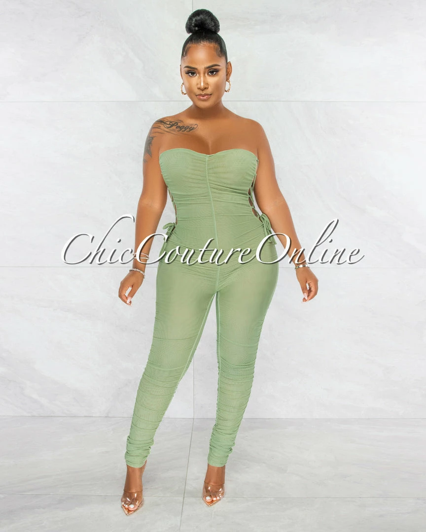 Chic Couture Online Mikela Sage Mesh Sheer Ruched Lace-Up Sides Jumpsuit JUST IN