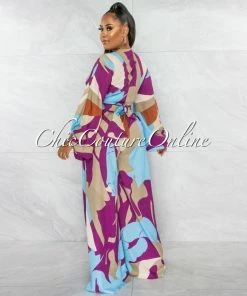 Chic Couture Online JUST IN Betsy Purple Blue Olive Print Tie Top & Wide Pants Set