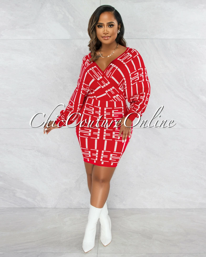 Vendor-unknown CLOTHING Carusa Red White Print Knit Wrap Sweater Dress