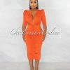 Chic Couture Online Sandy Orange Deep V-Neck Padded Shoulders Midi Dress