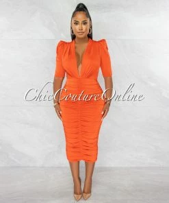 Chic Couture Online Sandy Orange Deep V-Neck Padded Shoulders Midi Dress