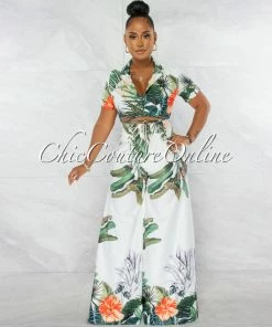 Chic Couture Online JUST IN Alyssa White Green Blazer Crop Top & Wide Pants Set