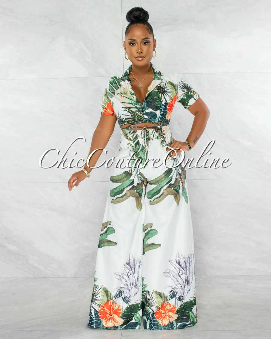 Chic Couture Online JUST IN Alyssa White Green Blazer Crop Top & Wide Pants Set