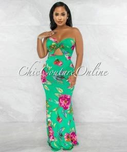 Vendor-unknown Kibba Green Floral Print Front Knot Key-Hole Maxi Dress JUST IN