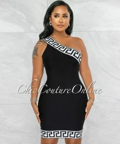Chic Couture Online Xandra Black White Fret Print Single Shoulder Bandage Dress JUST IN