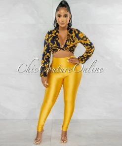 Chic Couture Online JUST IN Marlyze Navy Blue Gold Print Tie Top & Gold Leggings Set