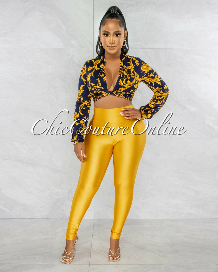 Chic Couture Online JUST IN Marlyze Navy Blue Gold Print Tie Top & Gold Leggings Set