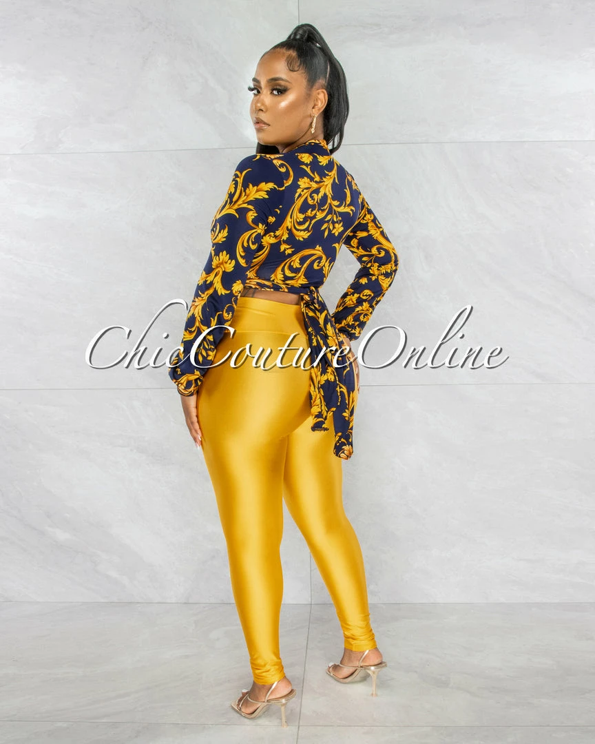 Chic Couture Online JUST IN Marlyze Navy Blue Gold Print Tie Top & Gold Leggings Set