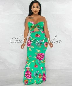 Vendor-unknown Kibba Green Floral Print Front Knot Key-Hole Maxi Dress JUST IN