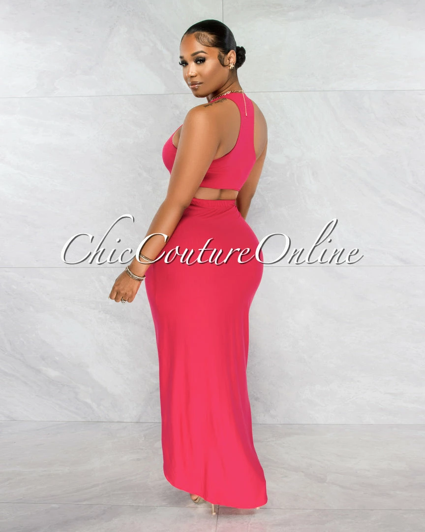 Chic Couture Online Klein Fuchsia Crop Racer Top & Draped Slit Maxi Skirt Set JUST IN