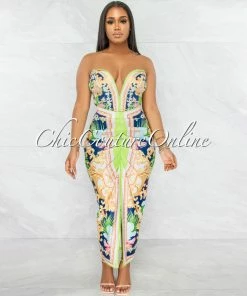 Vendor-unknown Claude Navy Multi-Color Print Crop Top & Ruched Skirt Set JUST IN