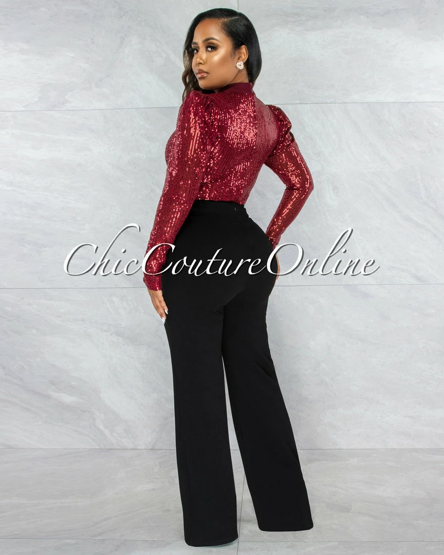 Vendor-unknown Sentida Wine Red Sequins Key-Hole Bust Bodysuit