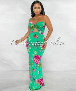 Vendor-unknown Kibba Green Floral Print Front Knot Key-Hole Maxi Dress JUST IN