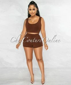 Vendor-unknown Hossah Brown Ribbed Crop Top & Shorts Set