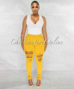 Chic Couture Online JUST IN Soraya Mustard Denim High Waist Destroyed Jeans