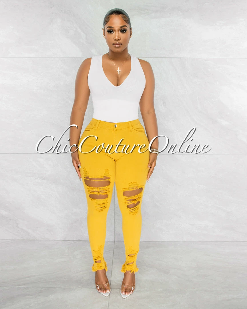 Chic Couture Online JUST IN Soraya Mustard Denim High Waist Destroyed Jeans