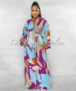 Chic Couture Online JUST IN Betsy Purple Blue Olive Print Tie Top & Wide Pants Set