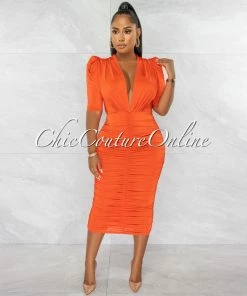 Chic Couture Online Sandy Orange Deep V-Neck Padded Shoulders Midi Dress