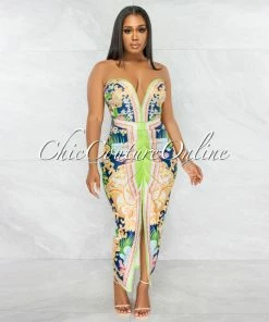 Vendor-unknown Claude Navy Multi-Color Print Crop Top & Ruched Skirt Set JUST IN