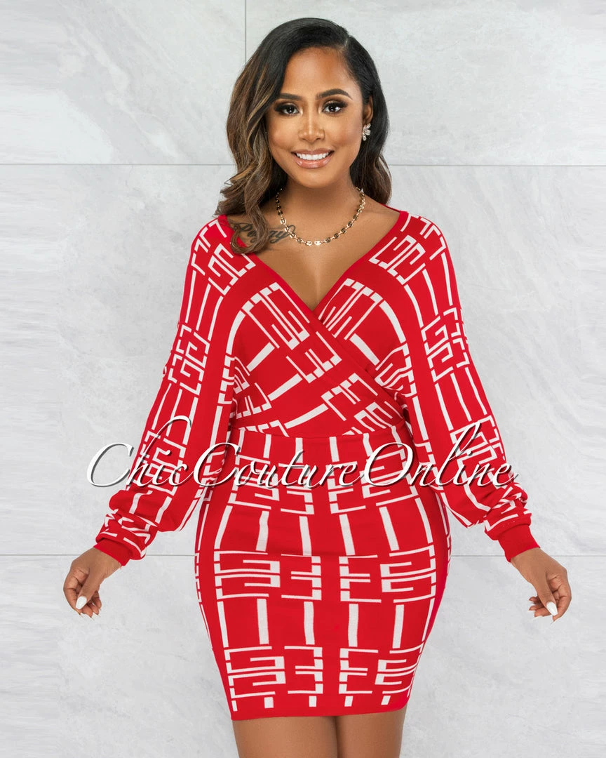 Vendor-unknown CLOTHING Carusa Red White Print Knit Wrap Sweater Dress