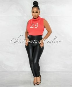 Vendor-unknown JUST IN Lexie Coral #29 Turtle Neck Open Sides Crop Top