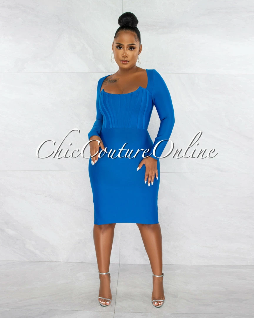 Chic Couture Online Driana Royal Blue Corset Style Bandage Midi Dress