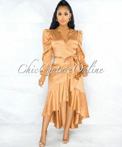 Chic Couture Online Caprile Gold Leopard Print Satin High Low Ruffle Dress JUST IN