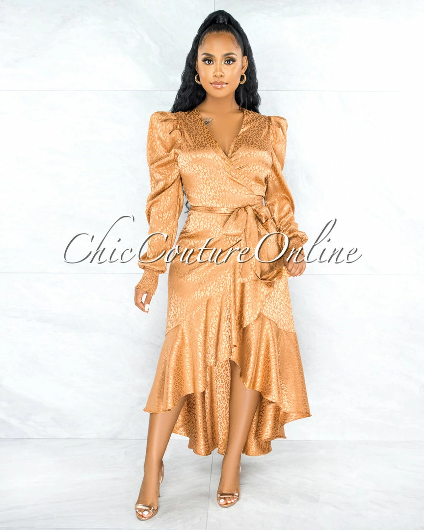 Chic Couture Online Caprile Gold Leopard Print Satin High Low Ruffle Dress JUST IN