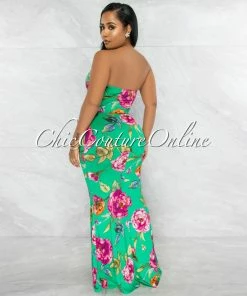 Vendor-unknown Kibba Green Floral Print Front Knot Key-Hole Maxi Dress JUST IN