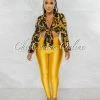 Chic Couture Online JUST IN Marlyze Navy Blue Gold Print Tie Top & Gold Leggings Set