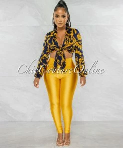 Chic Couture Online JUST IN Marlyze Navy Blue Gold Print Tie Top & Gold Leggings Set