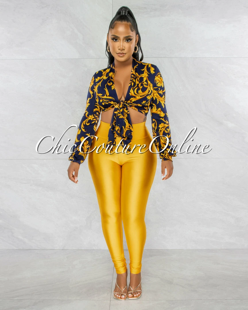 Chic Couture Online JUST IN Marlyze Navy Blue Gold Print Tie Top & Gold Leggings Set