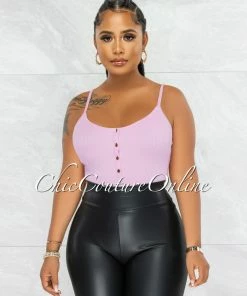 Vendor-unknown JUST IN Attiyah Bubblegum Pink Ribbed Gold Accent Bodysuit
