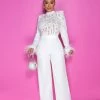 Vendor-unknown JUST IN Prado Off-White Sequins Sheer Top Feather Cuffs Jumpsuit